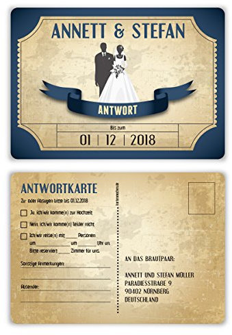 100 x Antwortkarte Hochzeit Hochzeitskarten Antwort Postkarte - Vintage Brautpaar in Blau