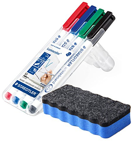 Staedtler Lumocolor Whiteboard-Marker, Rundspitze ca. 1 mm Linienbreite, Set mit 4 brillanten Farben, hohe Qualität, trocken und rückstandsfrei abwischbar von Whiteboards (+ Whiteboardlöscher, blau)