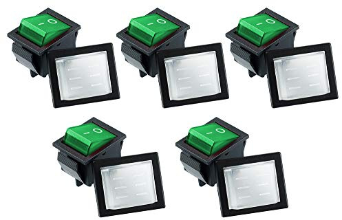 5x Wippschalter eckig grün beleuchtet 2-polig 250V 16A EIN/AUS Snap-In Montage Einbaumaß 30x22mm 201A und 5x Schutzkappe WP-05