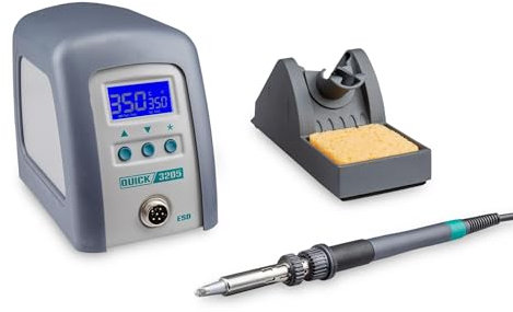 QUICK 3205 digital regelbare ESD Hochfrequenz-Lötstation 150 Watt inkl. Lötkolben mit 5 mm Lötspitze und Zubehör / 100°-550°C/kalibrierbar / 3 Festspeicher/Auto-Standby/Passwort - Schutz