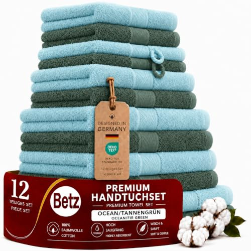 Betz Premium Handtuch-Set 12-teilig – 100% Baumwolle – Oeko-TEX® Zertifiziert – hohe Grammatur – Duschtücher, Handtücher, Gästetücher & Waschhandschuhe Farbe Ocean/tannengrün