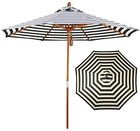 HWF Sonnenschirm Gartenschirm 9ft / 2.7m Hölzern Garten Terrasse Sonnenschirm Regenschirm mit Schwarz/Weißen Streifen Polyesterabdeckung, Sonnenschirm Im Freien für Strand/Balkon/Hinterhof/Deck /