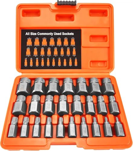 XEWEA Lot de 25 extracteurs de vis à tête hexagonale multi-cannelures, extracteur de boulons facile à sortir, en alliage d'acier au chrome-molybdène, très résistant, métrique et arrondi