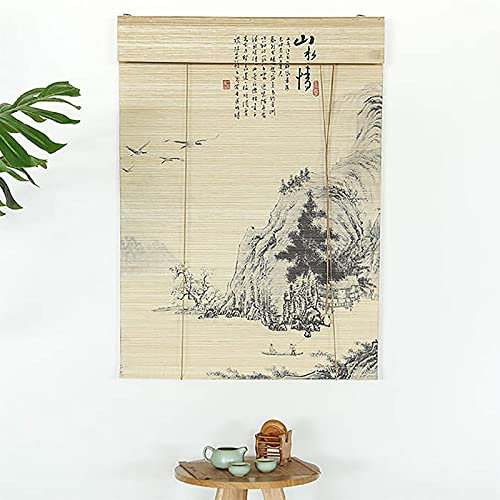 YJDQ Bamboo Blinds,Retro Printed Bamboo Curtain Natural Bamboo Silk Weave Printing Window Blinds for Window Doorway Hallway,W 70Cm,H 180Cm