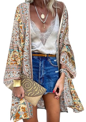 ZANZEA Dam blomtryck kimono kofta boho strandklänning pareos poncho sommar strand bikini täcka upp, A-boho 1 beige, L