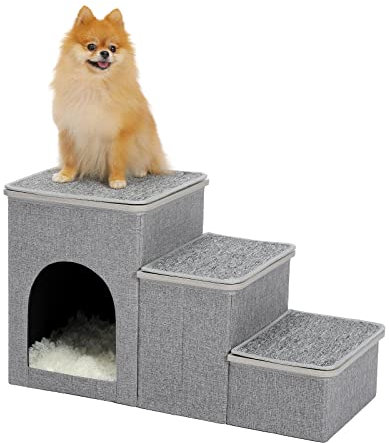 PETEPELA Faltbare Hundetreppe 3 Stufen Haustiertreppe für kleine Hunde mit Stauraum, 3 Schritte zu Couch