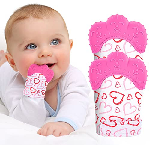 Vicloon Baby Beißhandschuhe,2 Stück Handschuhe Beißring Spielzeug,BPA Frei,Beruhigen Sie wundes Zahnfleisch, Stimulierung Zahnen Handschuhe für 0-6 Monate Baby-Rose Herzform