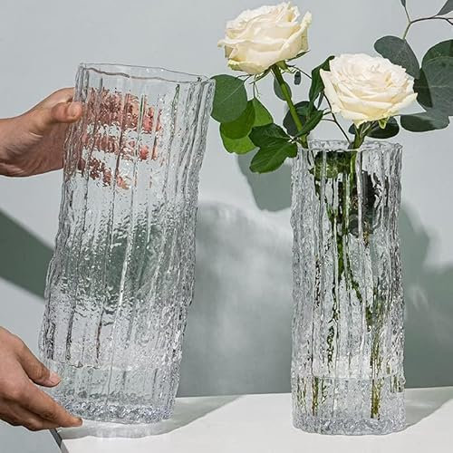 QEEYON Glasvas modern cylinderglas vas stor dekoration vaser handgjorda glacier klar glasvas med massiv isbotten glas blomvas för hemmakontor bröllop dekor present jul (30 x 10 cm)