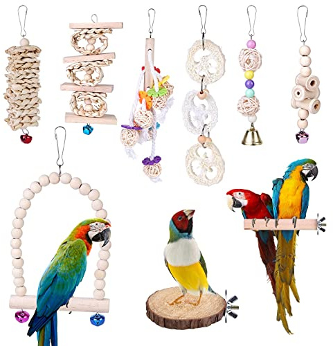 Lot de 9 jouets à mâcher pour perroquet, cage à oiseaux, jouets à mâcher, accessoires de cage à oiseaux, perchoirs, plate-forme en bois pour perruches, aras, pinsons, calopsittes
