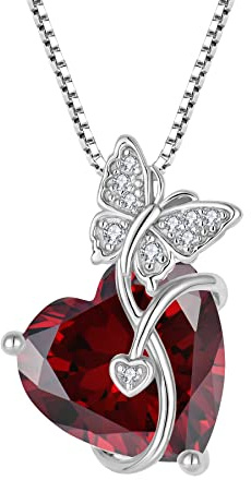 FJ Collier Papillon pour Femme Argent Sterling 925 Collier Grenat Coeur Pendentif Collier Janvier Pierre de Naissance Bijoux Cadeaux pour Femme Épouse Maman Fille