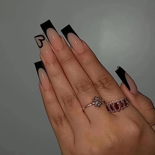 24pcs Long Square False Nails French Tip Black Edge Stick on Nails Heart Design Press on Nail Removable Glue-on Full Cover Fake Nail Women Valentines Day Accessories