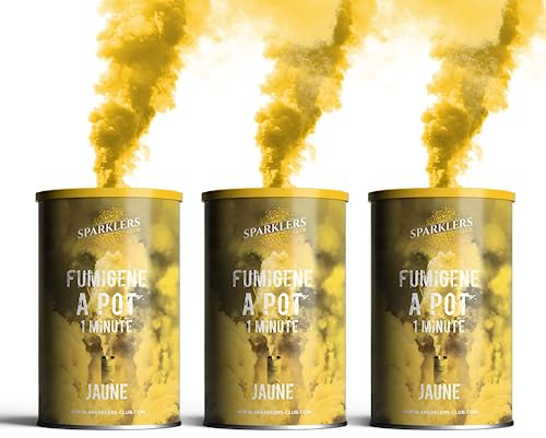 Sparklers Club Fumigène Pot Jaune Lot de 3 Allumage Mèche 60 Secondes T1 | Fumée Jaune Éclatante, Durée 1 Minute, Allumage Mèche Sécurisé, Volume 60-90 m3, Catégorie T1, Distance Sécurité 8 Mètres