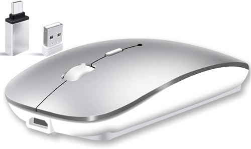 Qxvnm Kabellose Maus Bluetooth, (USB 2,4 GHz + Bluetooth 5.2 + USB-C-Adapter) FunkMaus wiederaufladbar für MacBook Pro/Air/Mac/Tablets/Laptop/Chromebook/Computer/Android Tablet(Silber)