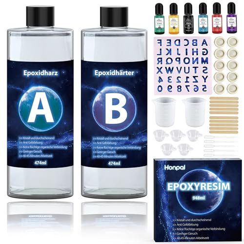 Honpal Epoxidharz Set Anfänger 948ml Epoxidharz mit Härter 1:1 Glasklar Blasenfreies Beschichtungs Gießharz für DIY-Kunst, Schmuck, Tumbler Handwerk, Formen, Undersetzer, Flusstische Harz (474ml x 2)