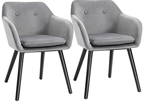 HOMCOM Set di 2 Sedie Sala da Pranzo con Braccioli, Sedie da Cucina Imbottite in Velluto con Gambe in Legno, Sedie da Ufficio e Salotto, 54x56x74cm, Grigio