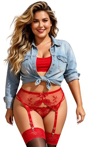 comeondear Sexig strumpebandshållare för kvinnor, spetsstrumpeband, stor storlek, vintage strumpeband med 4 spetsklämmor med hög midja med G-string för underkläder, Färg: röd, XL