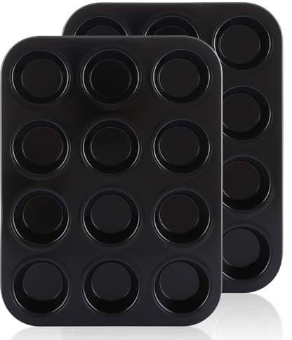 ASelected 2Pcs Yorkshire Pudding Tray 12Cup Round Carbon Steel Muffin Pan Nonstick Coating for Yorkshire Pudding Pies Cupcakes, Muffin and Brownies Black