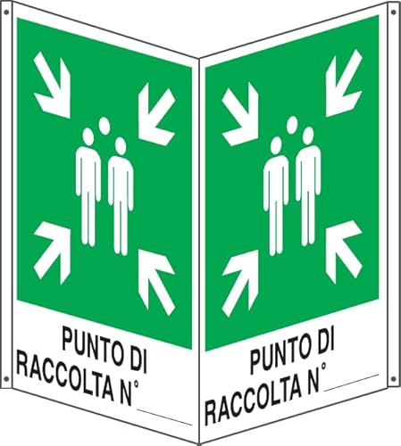 GLOBAL CARTELLO SEGNALETICO BIFACCIALE QUADRATO - PUNTO DI RACCOLTA N° - In Alluminio Con Stampa Diretta U.V. (IDEALE ANCHE PER ESTERNO) (40x40 cm)