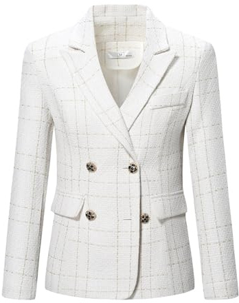 YYNUDA Blazer da Donna in Tweed Elegante, Giacca a Maniche Lunghe in Stile Plaid, Casual, per Ufficio, bianco, M