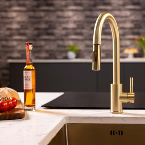 Flode Runda Kitchen Sink Mixer Tap with Pull Out Spray - Transform Your Kitchen (Square Head Brushed Brass)
