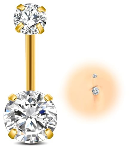 ESHIONER G23 Titane Piercing Nombril Or Rose Bleu Violet Coloré Diamant Le Petit Courte Longue Grossesse Percing au Nombril Bijoux Piercing pour Femme 14G 12MM