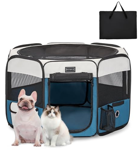 PETSFIT faltbar Welpenauslauf Tierlaufstall für Kleintiere Hunde Katzen,Hundelaufstall Freigehege mit Wasserdichter Boden,Pop-up System Kausicheres Design,Grau/Blau,75 * 68 * 42cm