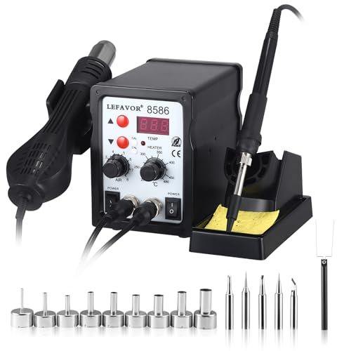 2 en 1 Station de Soudage et Fer à Souder à Air Chaud, 700 W Station de Dessoudage Chauffage Rapide avec 9 Bouches de Rechange et 5 Pointes de Fer a Souder, Affichage LED, Température Réglable