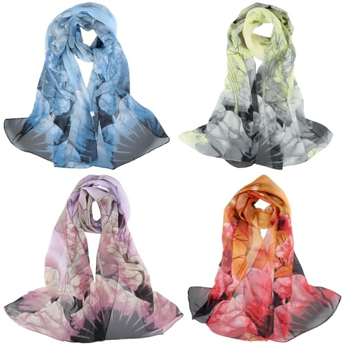 Husalsea Lot de 4 Foulard Femme, Echarpes Femme Polyester avec Imprimé de Lotus, Foulard en Doux, Élégant, Taille 150 x 50 cm (Bleu foncé, Jaune clair, Violet clair, Rouge)
