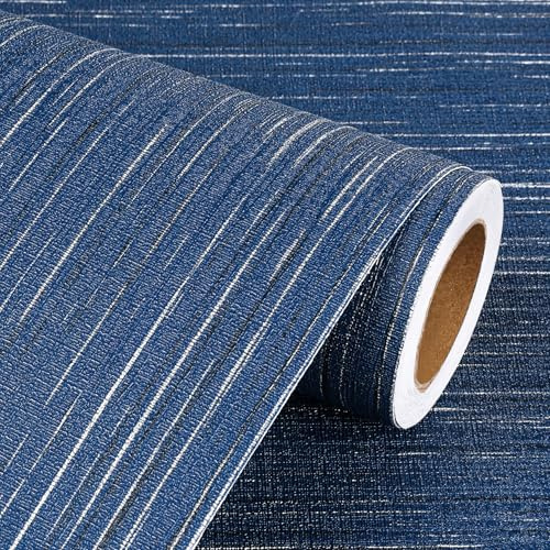 Livelynine Blue Grasscloth Peel and Stick Wallpaper Textured Prepasted Navy Blue Grass Cloth Wall Paper Texture Vinyl Removable Contact Paper Self Adhesive Dark Linen Fabric Wall Covering 15.8x78.8