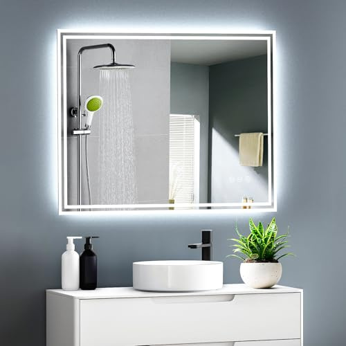 GIMBELEN Badspiegel mit Beleuchtung 80x60 cm, Led Spiegel Bad mit Steckdose, 3 Lichtfarben Dimmbar, Antibeschlag und Touchschalter, Explosionsgeschütztes Glas, IP44 Horizontal/Vertikal