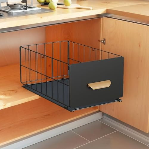 wintfarm Schubladen Organizer Küche,Teleskopschublade,schrank organizer küche, Ausziehbarer Schrank schubladen Organizer für Küchenschrank Innenschublade Organizer,Schwarz,1 STÜCK, 40x18x24 cm
