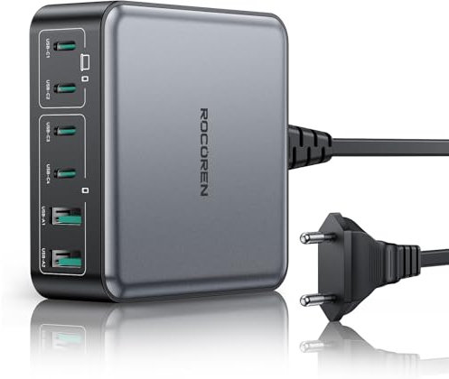 Rocoren 270W Caricatore USB C Multiplo, GaN 6 Porte PD 100W QC4.0 PPS 2-Laptop Stazione di Ricarica Alimentatore USB Compatibile con MacBook Pro Air Len0vo HP iPh0ne 16 15 Galaxy Steam Deck e altro