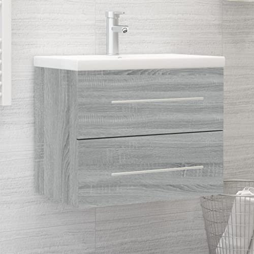 badezimmer unterschrank schubladen,waschbecken mit unterschrank 70cm,Waschbeckenschrank mit Einbaubecken Grau Sonoma HolzwerkstoffGeeignet für Bäder, beachten Sie die ausführlichen Informationen