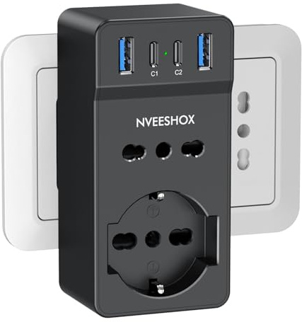 NVEESHOX Ciabatta Multipresa con USB C PD 20W | 6 in 1 Presa Multipla Salvaspazio con 1 Schuko + 1 Presa IT, 4000W Presa Muro con Spina 16A, Multipresa per Ufficio Casa