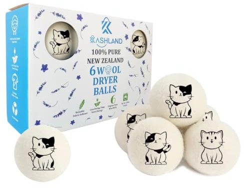 Kashland Organic Wool Dryer Balls: Eco-Friendly & Chemical-Free | Our Anti-Entanglement Reusable Eliminates Wrinkle Static | 6-Pack XL Dryer Balls for Laundry is Made with New Zealand Wool (Cat)
