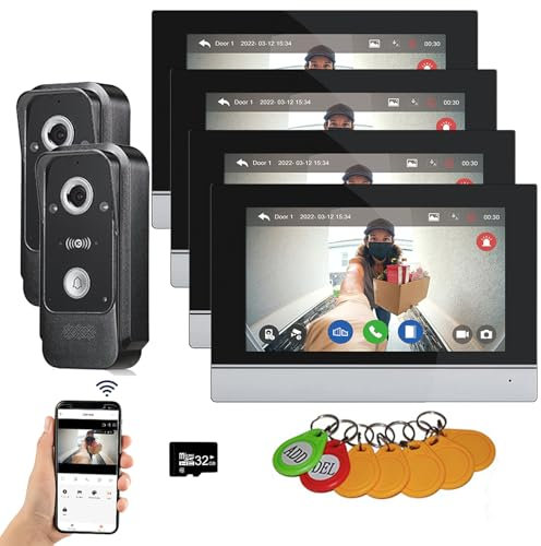 Verdrahtete Video-Gegensprechanlage Tuya WiFi 7 Zoll Touchscreen 1080P Türklingel Intelligent Tuya APP Sprechanlage mit Bewegungserkennung, Anti-Tamper Alarm, 32G (2 Türklingel+4 Monitor)