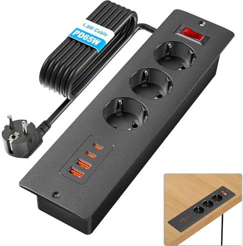 Presa da incasso con 65 W USB-C, 3 prese e 4 porte USB, Sewingvr da tavolo a scomparsa, presa elettrica da incasso, per scrivania, ufficio, cucina, cavo da 1,8 m, colore: nero