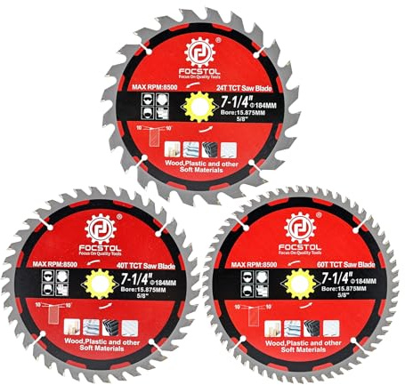 FOCSTOL Lame de Scie Circulaire à Bois 184mm x 15,875mm - 3 Pièces Disque Coupe Bois 24+40+60 Dents pour Couper Contreplaqué, Panneaux Particules, Plastiques et Autres Matériaux Souples