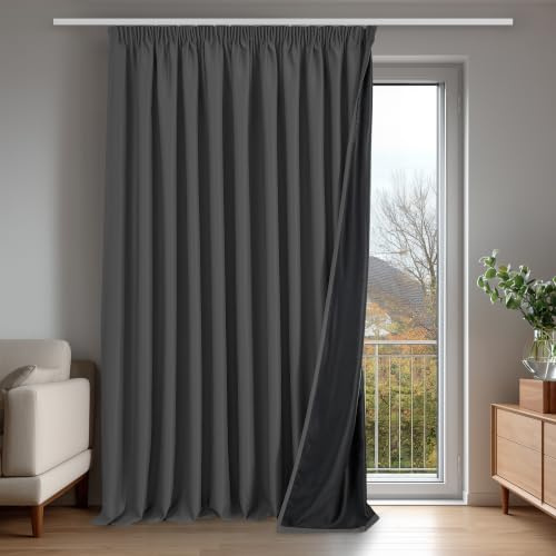 Deconovo 100% Verdunklungsvorhänge Blickdicht Vorhänge mit kräuselband Gardinen Wohnzimmer Vorhang Verdunkelung Thermovorhänge gegen Hitze Wärmeisolierend, H245 x B300 cm, Dunkelgrau, 1 Stück
