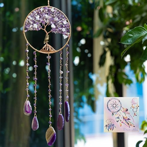 Dreamsum Purple Tree of Life Dream Catchers with Agate Pendant Natural Dream Catchers for Aunt Wall Decor Handmade Dreamcatcher Wall Hanging Ornament for Bedroom Living Room Home Decor