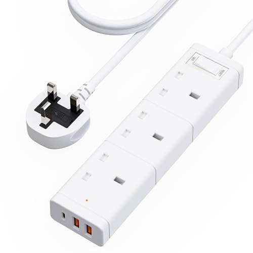 3 Gang Extension Lead with USB Slots, 2 USB-A and 1 USB-C | Extension Cable 1.2M,Plug Extension Socket with Switch,13A Fuse White Power Strip for Home Office Travel Essentials