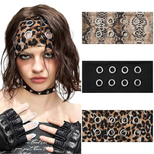 Muorruo Lot de 3 bandeaux larges tendance avec œillets pour femme, élastiques à imprimé léopard avec œillets ajourés | Accessoire cheveux extensible pour filles style années 2000