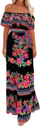 Abito messicano da donna estivo boho floreale drappeggiato abito senza spalle scoperte tradizionali Fiesta A Linee maxi abito bohemian lungo maxi abito casual matrimonio spiaggia abito da festa con