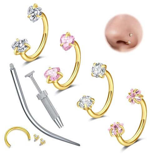 WillTen 16G 18G - Piercing per setto nasale, in argento, a ferro di cavallo, 8 mm, doppia gemma a ferro di cavallo, anello nasale, in acciaio inox, cartilagine, helix, trago, orecchini a cerchio, 8 mm