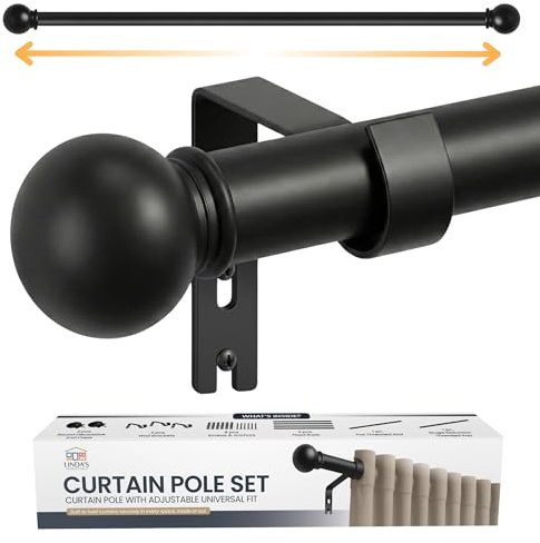 Ausziebare Gardinenstange Schwarz Matt 87-243 cm - Verstellbare Vorhangstange Schwarz mit Kugelkappen und Wandhalterungen, einfach zu montierende Gardinenstange ausziebar (∅ 16 mm) - Curtain Rod