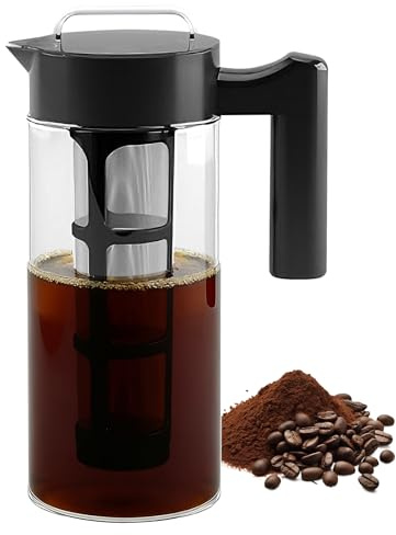 Cafetera Coldbrew de 1,3 l, con filtro de acero inoxidable 304, jarra de cristal con boquilla y mango de cristal, adecuada para café helado, té helado