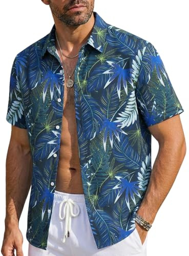 Runcati Camisa hawaiana de manga corta para hombre, camisa informal de verano, con botones, vacaciones, playa, flores, fiesta, camiseta informal, corte regular, camisa informal, azul oscuro, XL