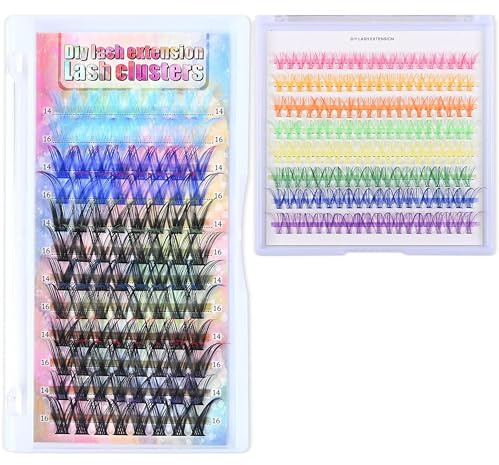YiiHHooN 256 Stück Farbige Falsche Wimpern, Mehrfarbiges 10/12/14/16 mm DIY Künstliche Wimpern Einzeln Set, Farbige D Curl Lash Cluster Set Bunte Wimpernbüschel Cluster Lashes für Damen