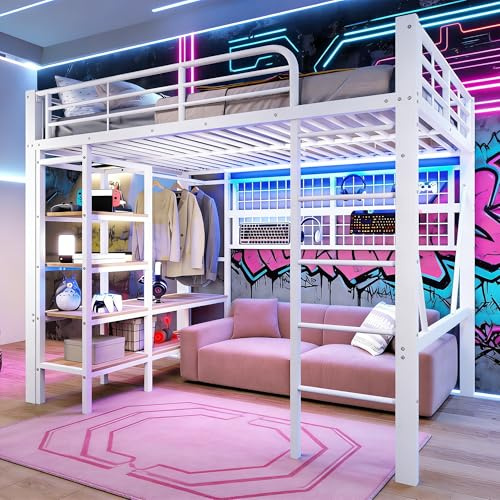 Estructura de cama alta 140x200cm con tira de luz LED y barra para colgar ropa, de metal. Cama nido con estantes y somier para colgar objetos, estructura de hierro, camas para adolescentes, sin
