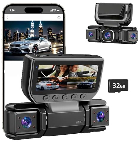 Enregistreur vidéo DVR de voiture 360° WiFi 4 canaux caméra de tableau de bord avec carte de 32 Go, 1080p FHD 360 degrés vue caméra de tableau de bord de voiture avant et arrière, contrôle par